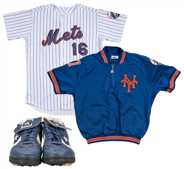 Lot of (3) David Cone Game Used & Signed New York Mets Home Jersey, Warm Up Jacket & Converse Turf Shoes (unsigned) (Steiner, JT Sports, Beckett)